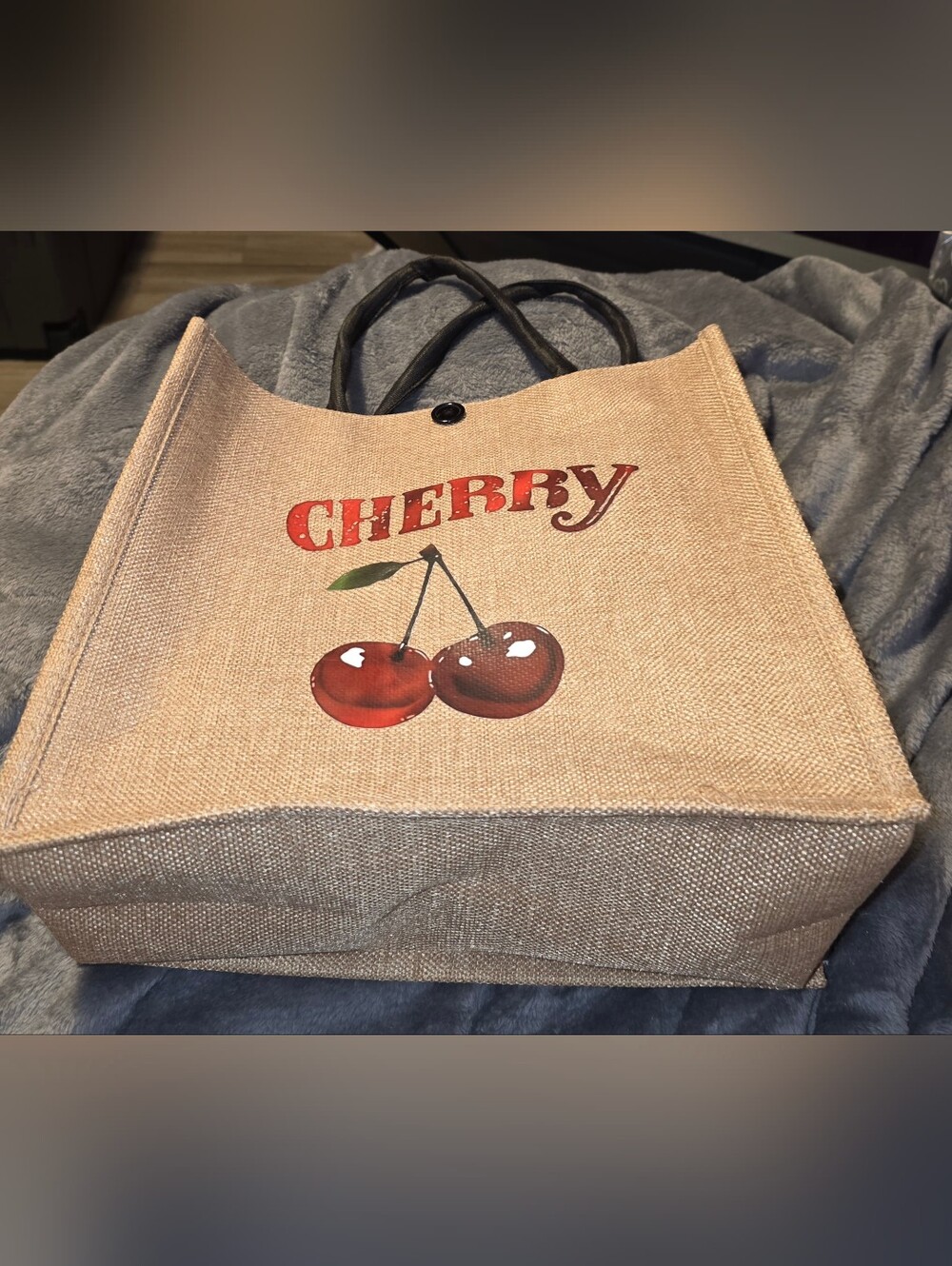 NWOT Lined Burlap Tote Bag with Cherry Print